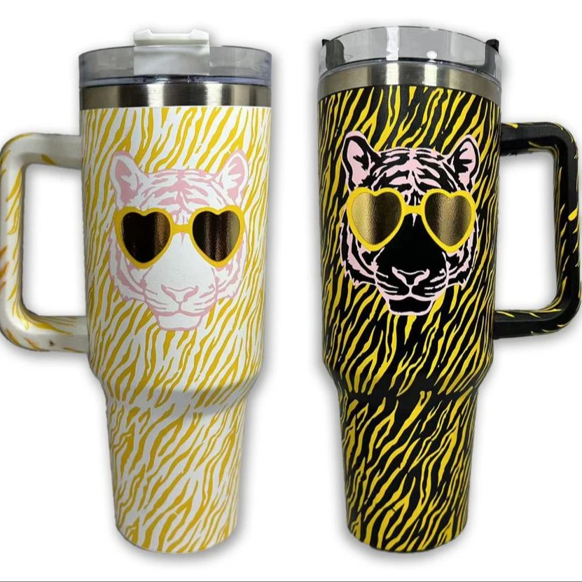 Custom 40oz 20oz Straight Double Wall Stainless Steel Insulated Elephant Striped Tumbler With Straw And Handle