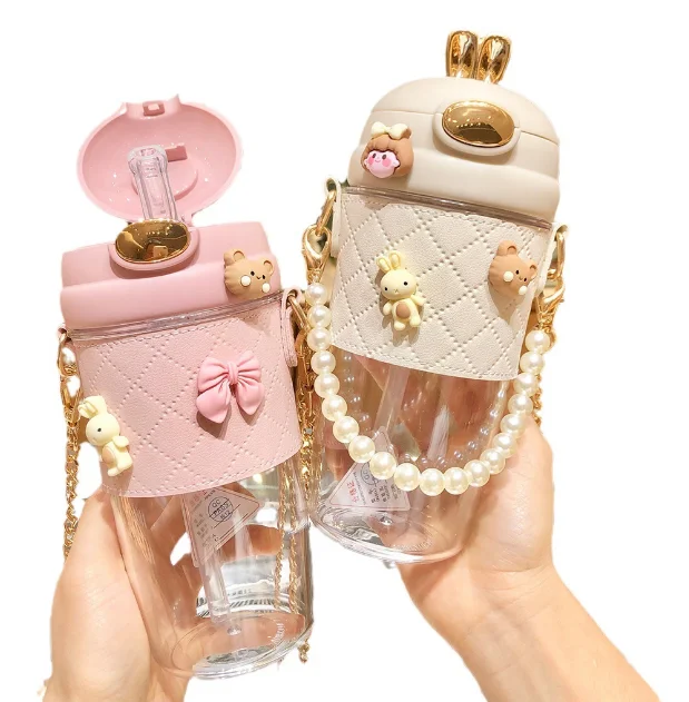 Silicone Case Water Bottle Chain Strap School Portable Plastic With Straw Pearls Metal Wholesale Bpa Free Cute Kids For Girls