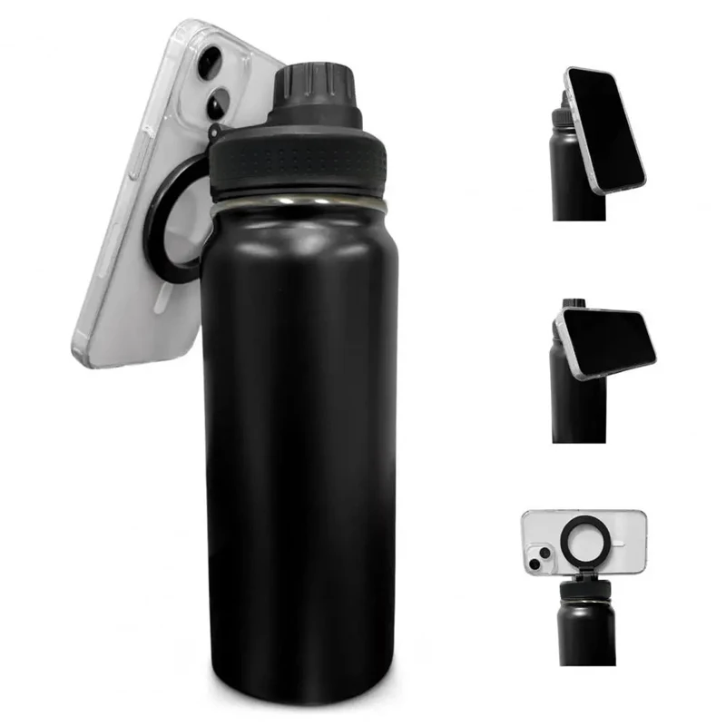 2024 New Gym Magnetic Water Bottle Phone Holder Vacuum Stainless Steel Sports Water Bottle With Magnet Cell Phone Mount Stand