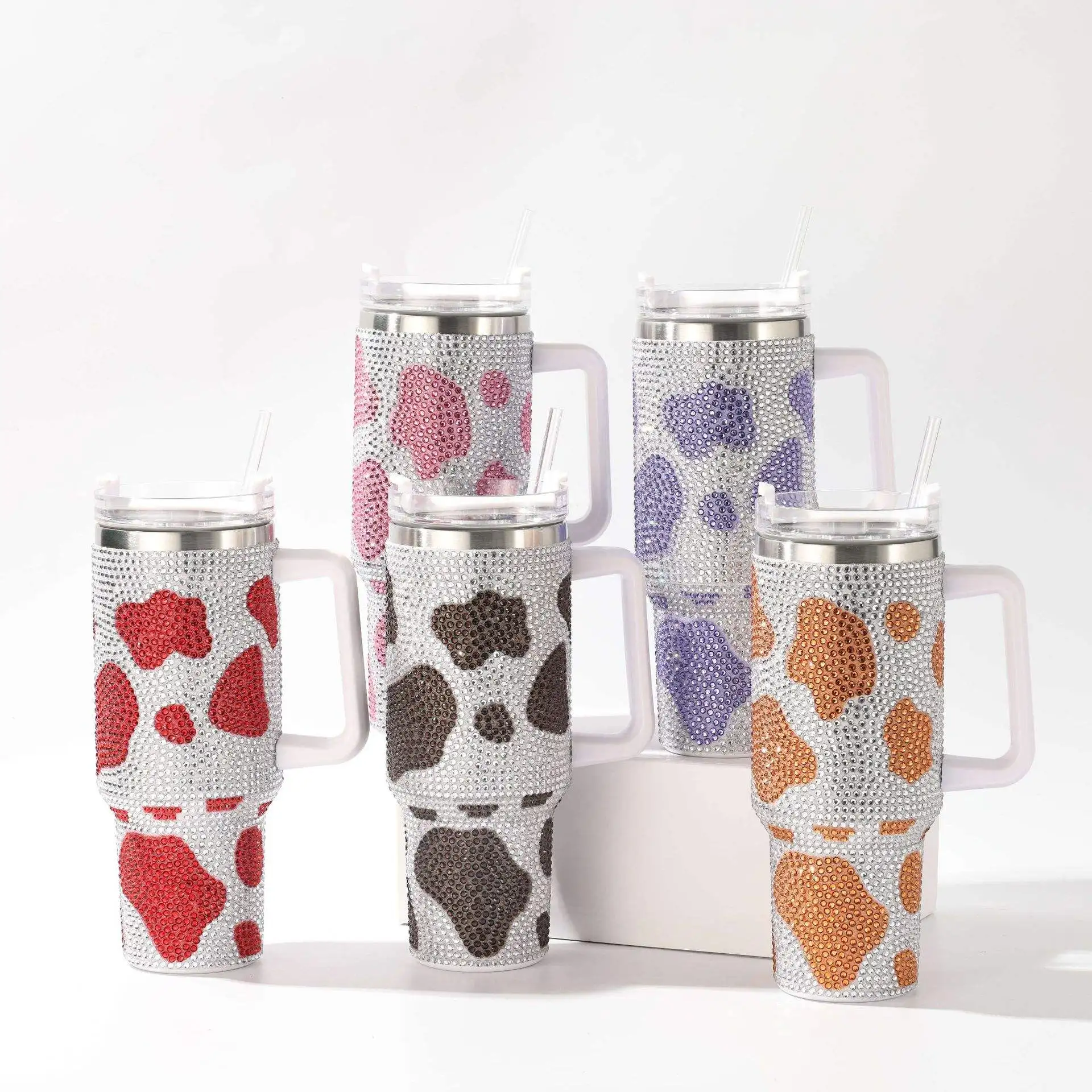 40oz Bling Bling Rhinestone Cow Print Double Wall Thermos Hot Cold Tumbler Stainless Steel With Handle