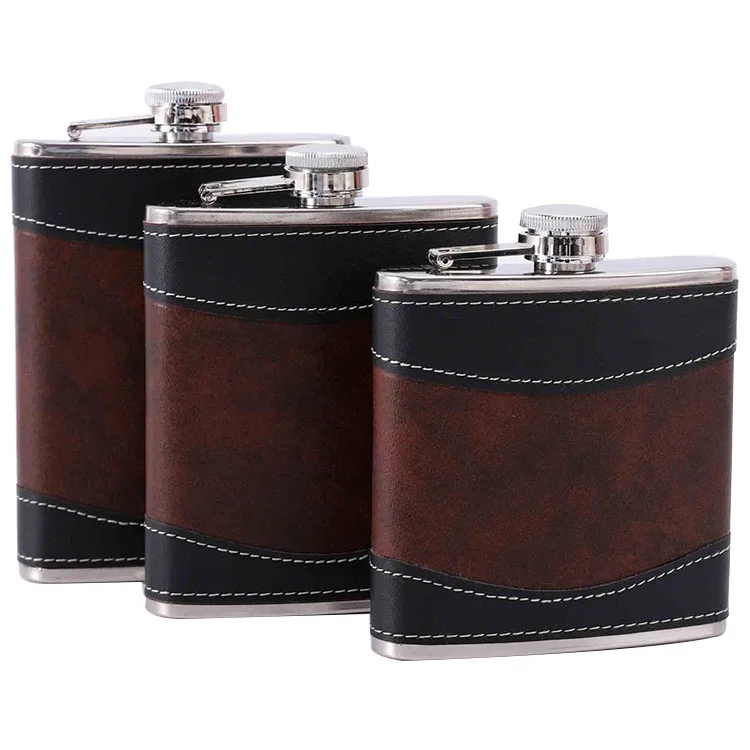 Factory Wholesale 6 7 8 Oz Splicing Leather Cover Creative Liquor Alcohol Pocket Flask Stainless Steel Leather Hip Flask