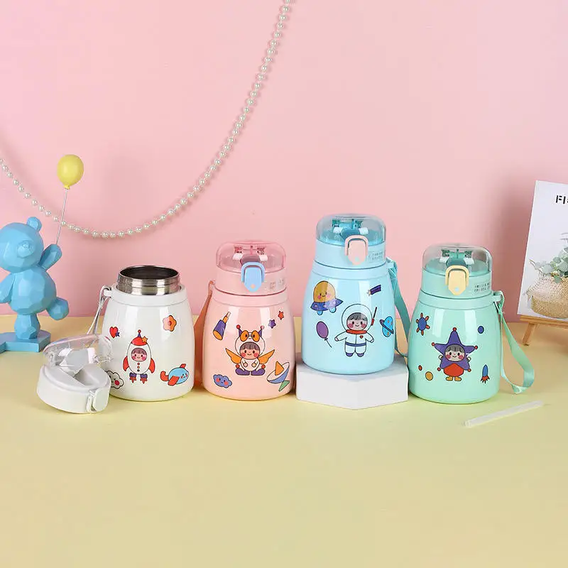 Hot Sales Creative Double Wall Stainless Steel Big Belly Cup Straw Elastic Cap Cartoon Rope Outdoor Portable Kettle