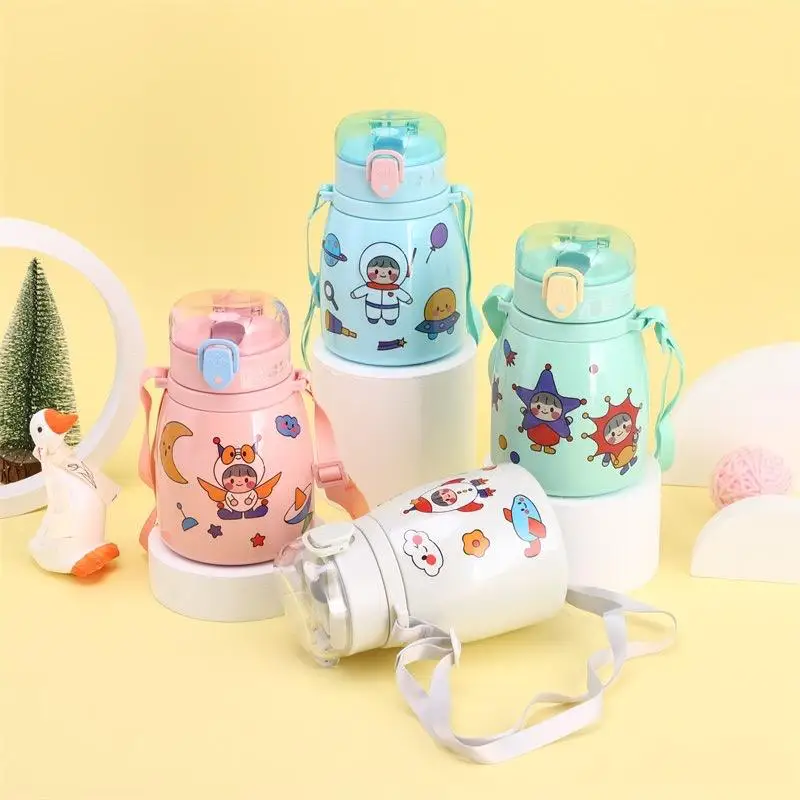 New Design Large Capacity Double Wall Stainless Steel Big Belly Cup Straw Elastic Cap Kid Thermos Bottle With Rope