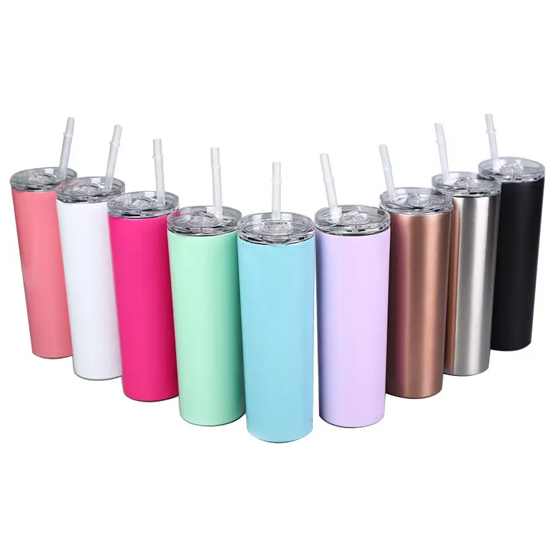 Wholesale Double Wall Stainless Steel Vacuum Insulated 20oz Custom Color Straight Skinny Cups With Lid And Straw