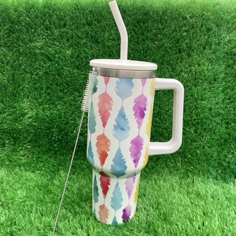 Customization 304 Stainless Steel Tumbler Feather Pattern 40 Oz Tumblers With Lid Straw