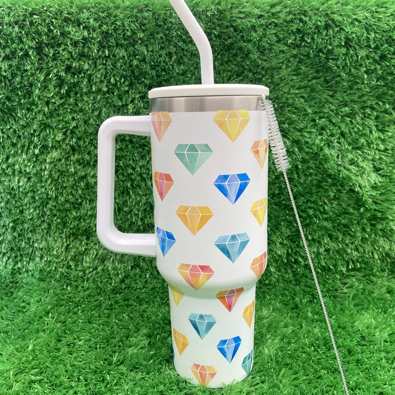40 Oz Diamond Pattern Series 304 Stainless Steel Vacuum Insulated Tumbler With Handle And Straw Lid