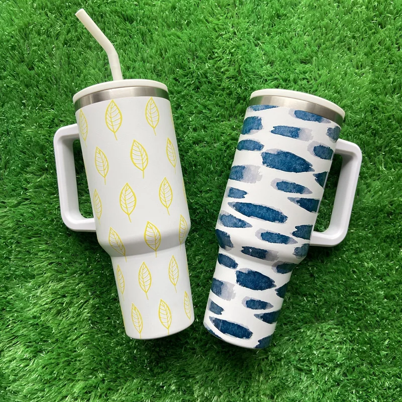 Wholesale New Golden Leaf And Blue Graffiti Style Stainless Steel 40oz Tumbler Cups With Handle And Straw
