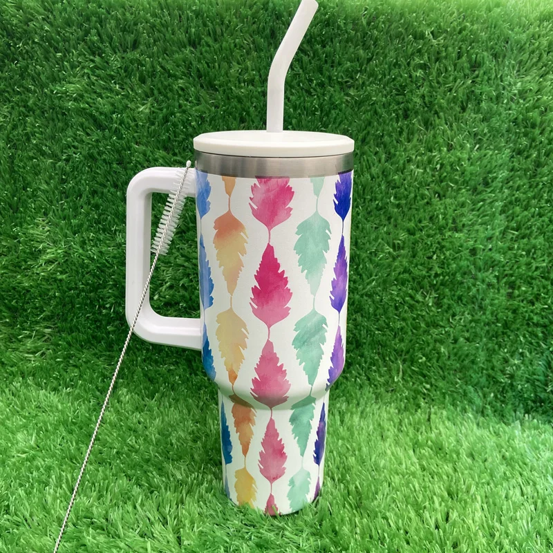 High Quality Feather Pattern Personalized 40 Oz Stainless Steel Tumbler Cup With Handle And Straw