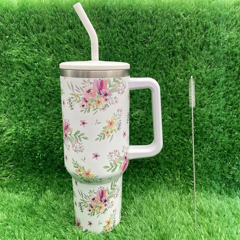 Hot Selling Customization Sublimation Stainless Steel Flower Series 40oz Tumbler With Handle