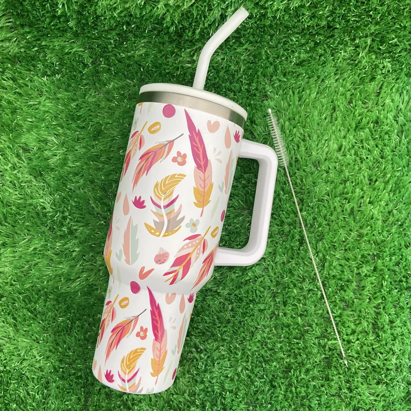 Hot Selling Feather Pattern Series 40 Oz Stainless Steel Double Wall Insulated Tumbler With Straw Lid