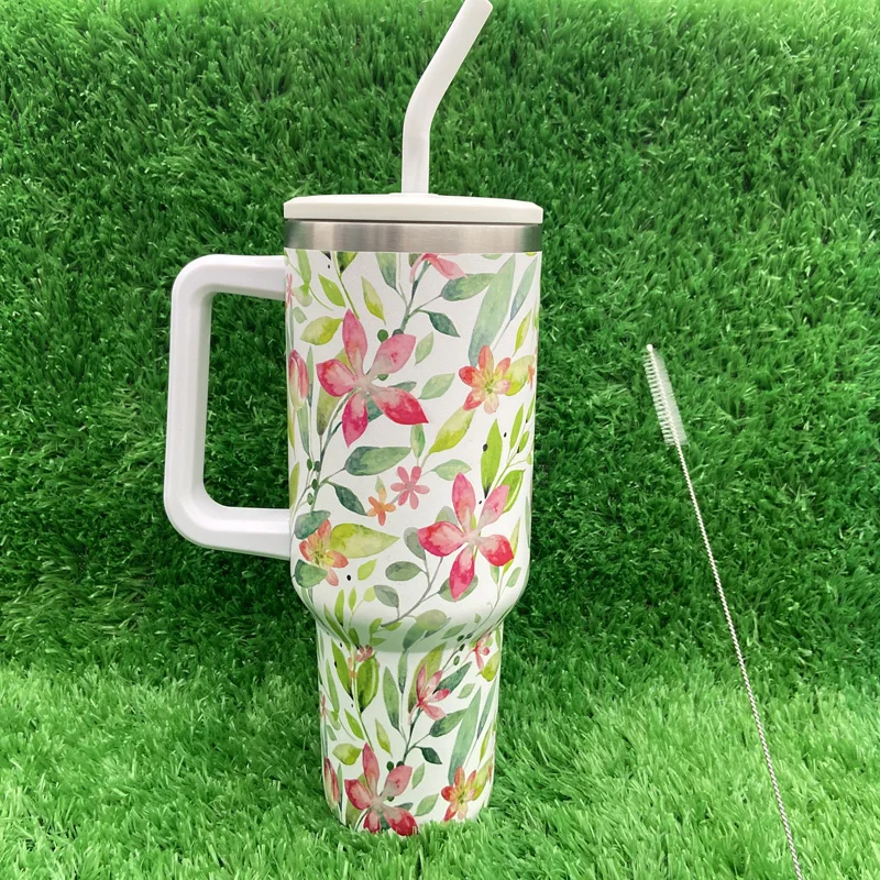 High Quality Stainless Steel Tumbler Flower Series Sublimation Cup 40oz Tumbler With Handle And Straw Lid
