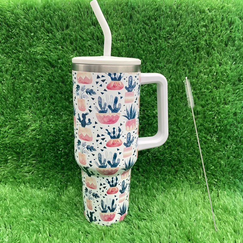 New Design Flower Pattern Series 40 Oz Stainless Steel Vacuum Insulated Tumbler With Lid And Handle