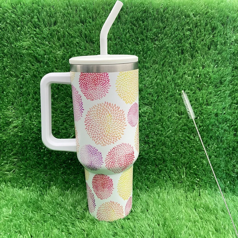 New Arrival Leaf Fireworks Printing Stainless Steel Sublimation Travel Tumbler With Handle And Straw Lid