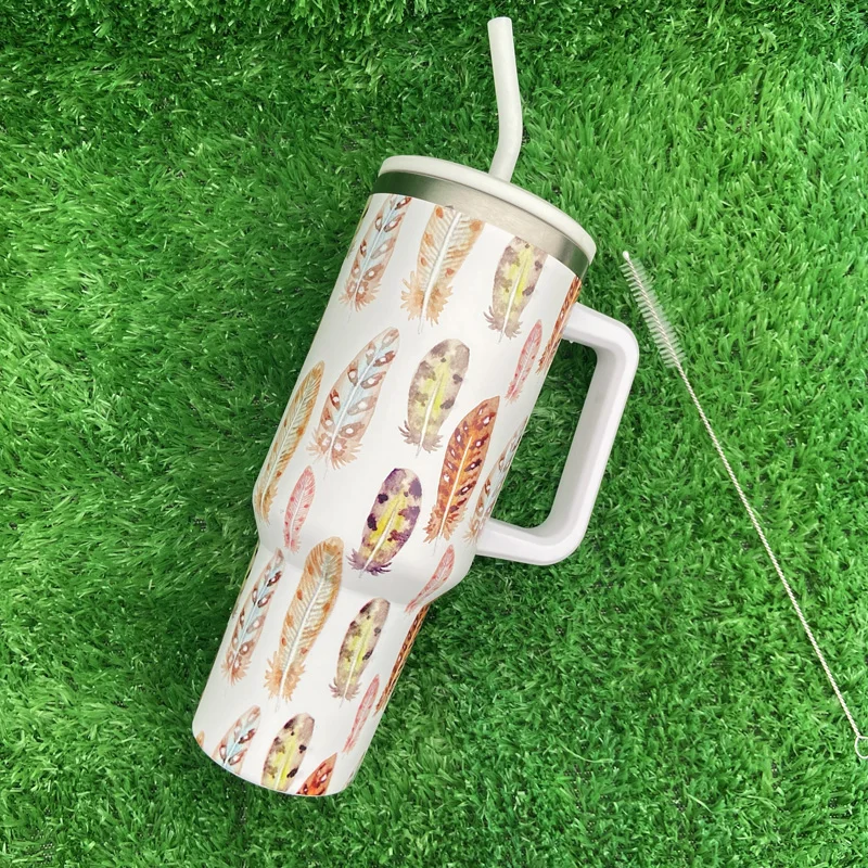 New Design Feather Pattern Series Tumbler 40 Oz Stainless Steel Vacuum Mug With Handle