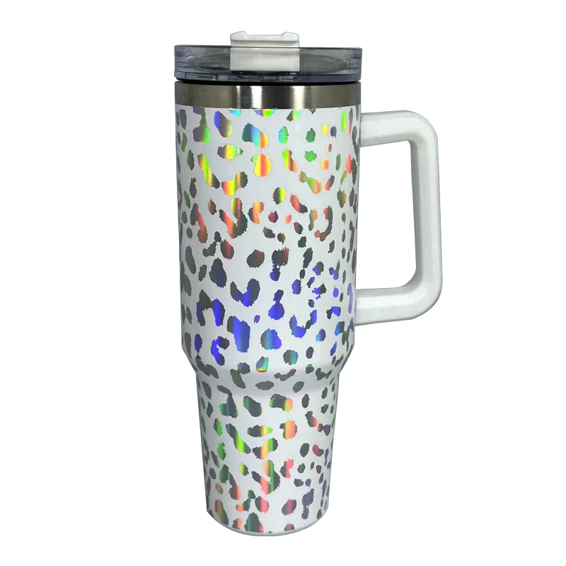Leopard Print 40oz Double Wall Stainless Steel Insulated Sublimation Tumbler With Straw And Handle