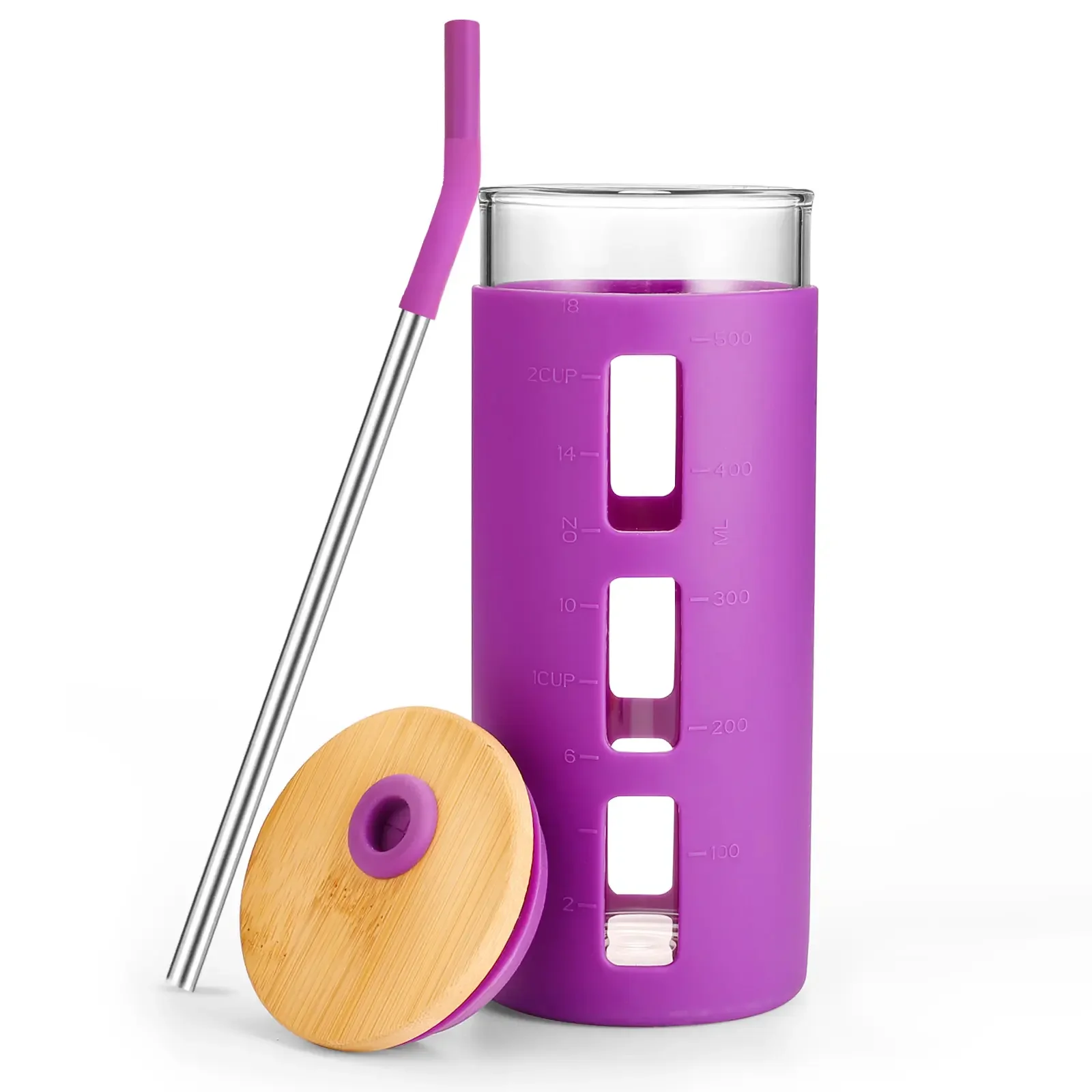 Eco Friendly 24oz Tea Coffee Milk Cup Glass Water Bottle Silicone Protective Sleeve Bamboo Lid Straw Glass Tumbler